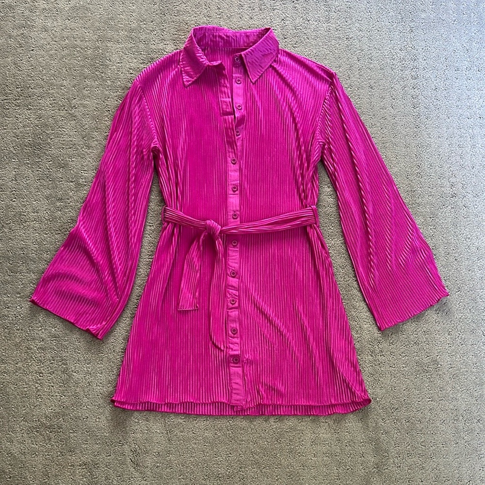 Bright pink belted mini dress